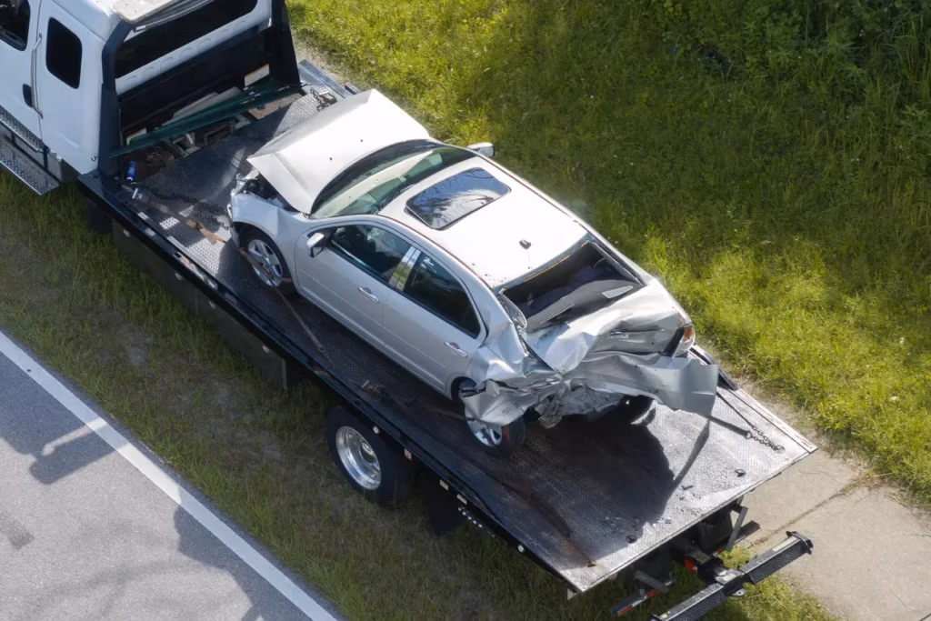 tow truck hauling smashed vehicle on car accident site